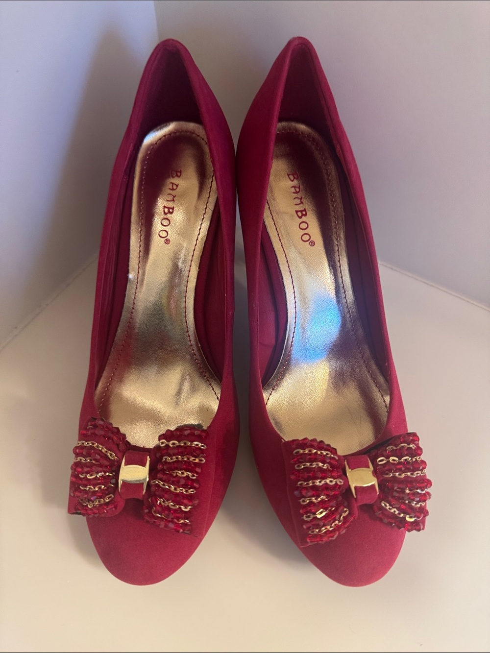 BAMBOO Red Bow Detail Women's Heel Pumps